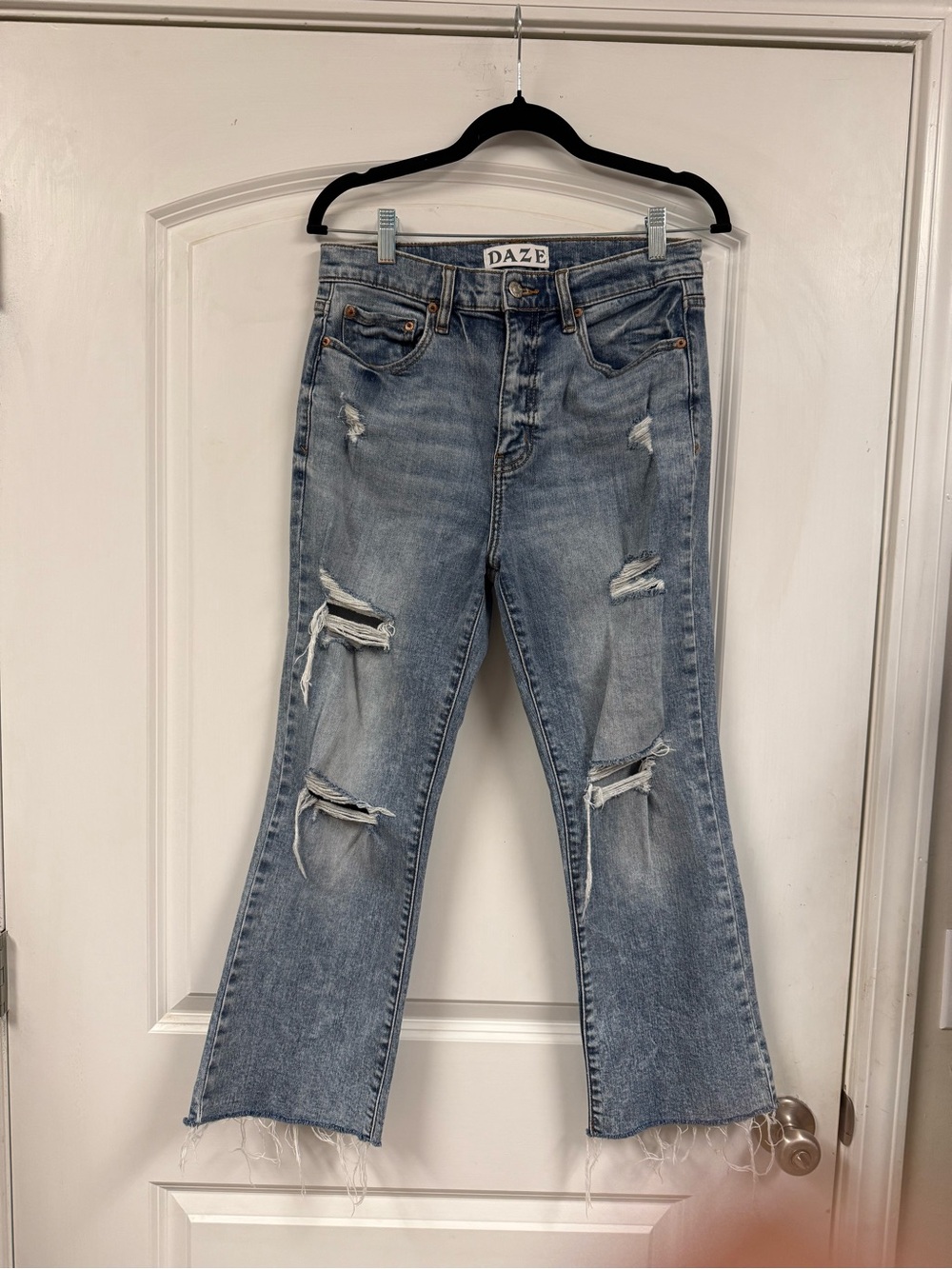 DAZE Distressed High Rise Flare Jeans Light Wash Raw Hem Size 29